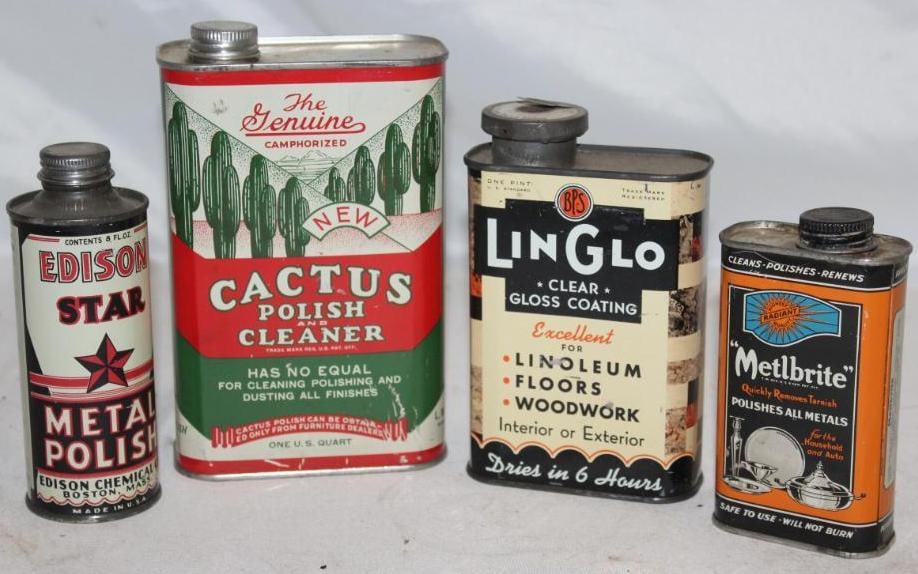 Group of 4 Automobile and Household Polish; Lin-Glo, Cactus, Metl-Brite, Edison Star: Largest is 1 quart