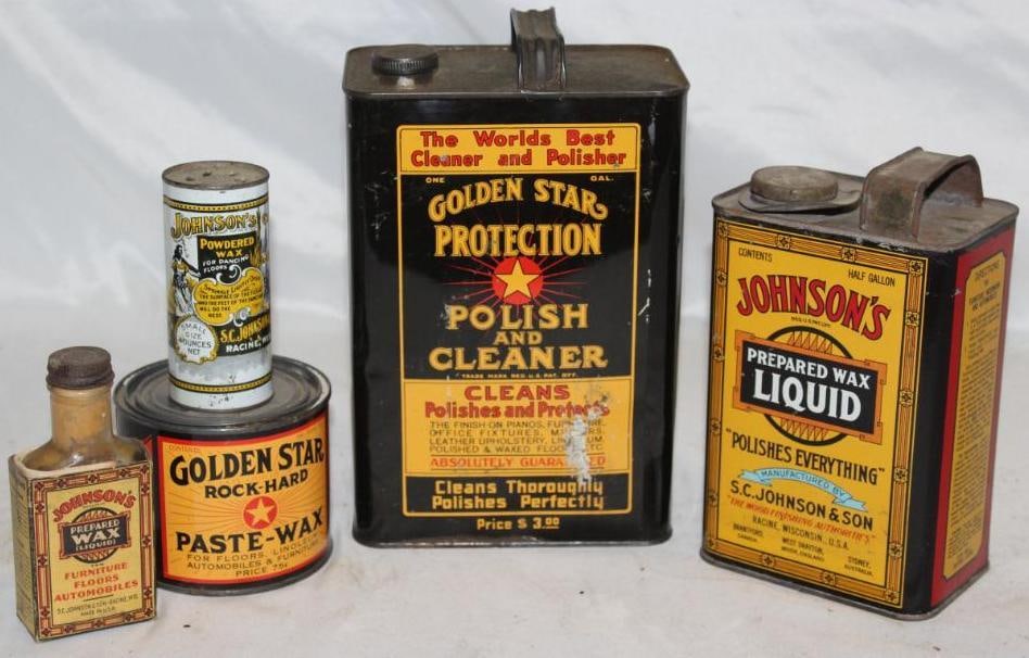 Group of 5 Polish and Wax Household Cans; Johnson & Golden Star: Largest is 1 gallon