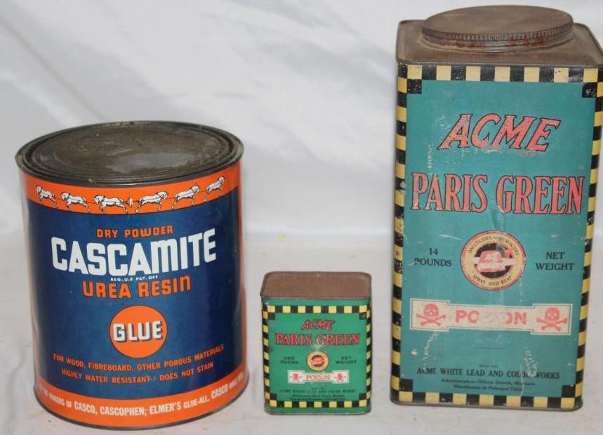Group of 3 Acme Paris Green Paint and Cascamite Glue Cans: Largest is 14 lbs