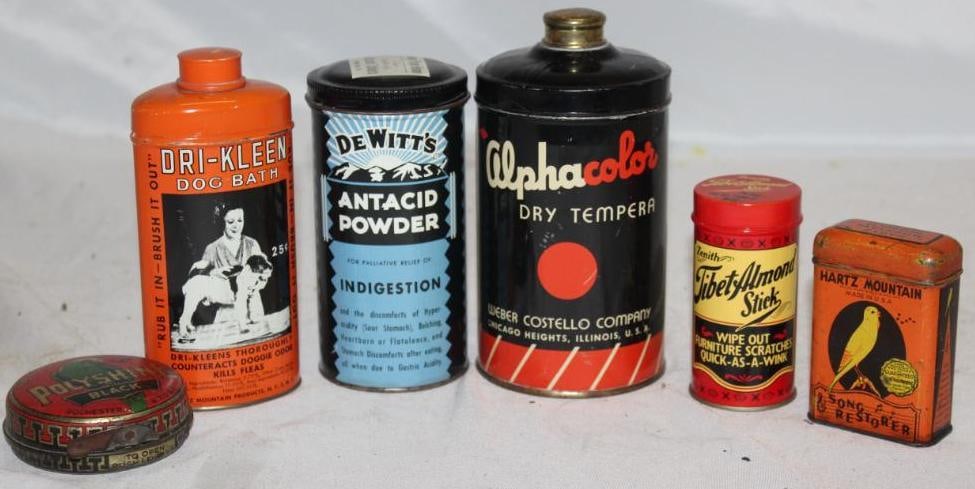 Group of 6 Household Advertising Containers: Alpha, Dri-Kleen, Hearts Mountain, Zenith, Polly Shine, Dewitts. The largest is 1 pint.