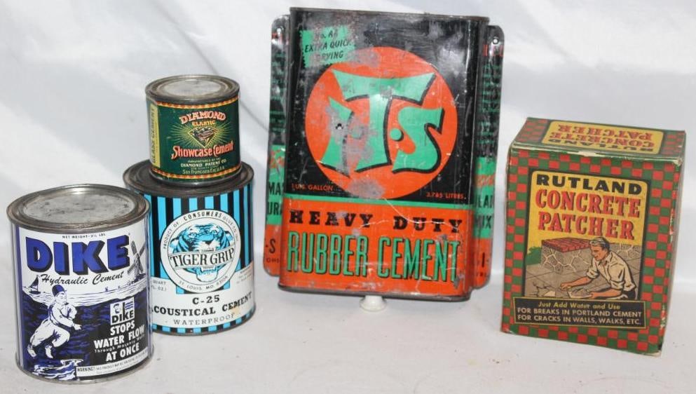 Group of 5 Household Advertising Containers: Dike, Tiger Grip, Diamond, It's Cement (Converted to a drawer), Rutland; The largest is 5 lbs.