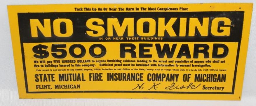 State Mutual Insurance "No Smoking" $500 Reward Flint, MI Embossed Tin Sign (1 of 4)