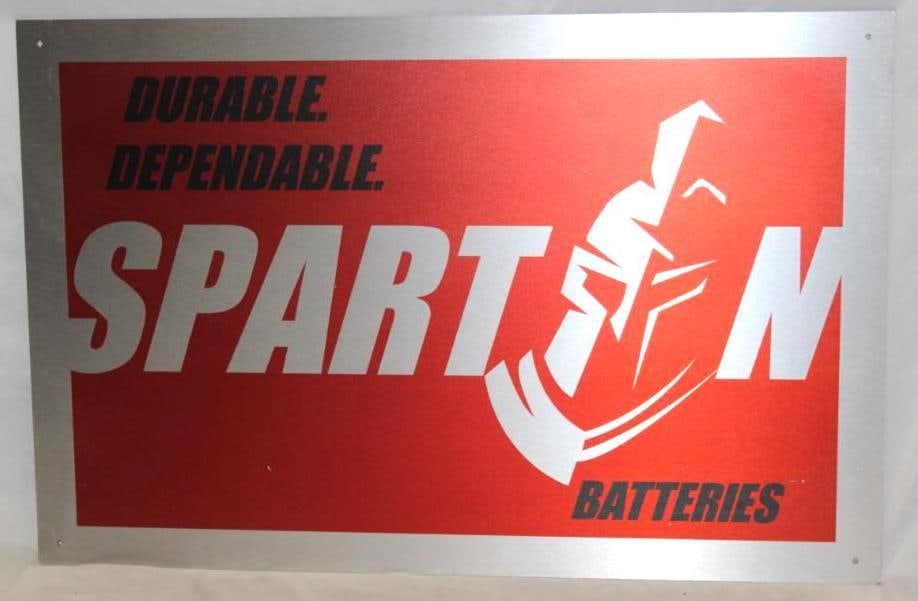Spartan Batteries Durable & Dependable Advertising Sign: It is a single Sided sign that is metal over a polymer core. It is in good condition and measures 23.5" x 36"