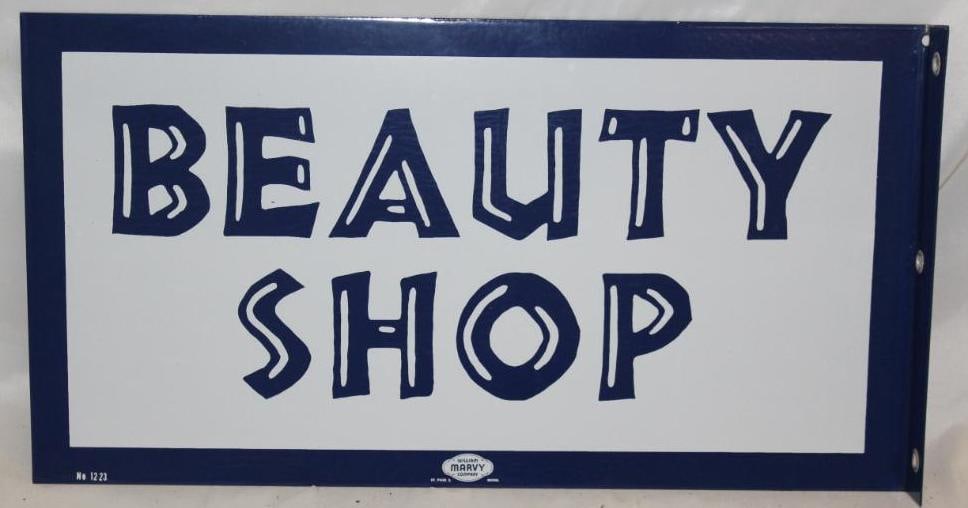 Beauty Shop Porcelain Adverting Flange Sign: It is marked Wm Marvy. It ins in excellent overall condition. 22.5" x 12"