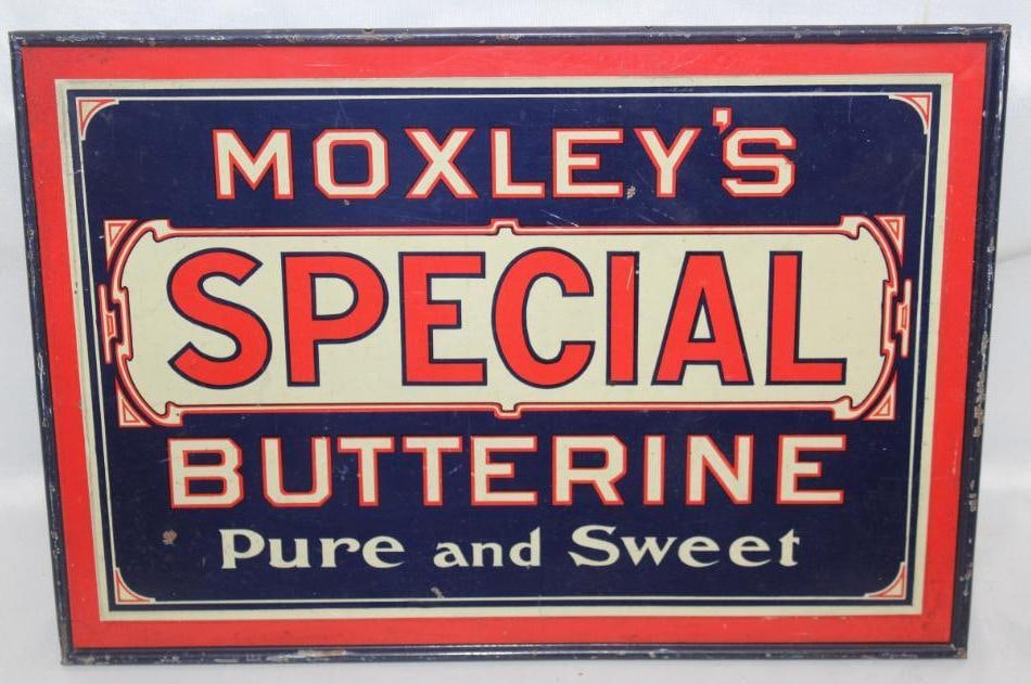 Moxley's Special Butterine Early Tin Advertising Sign: It is self-framed and in very nice condition with only some minor wear and scratches. 13.25" x 9.25"