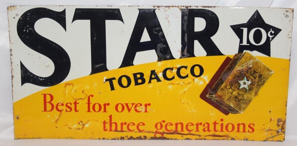 Star Tobacco Embossed SST Advertising Sign: 23.5" x 11.75". It has some edge wear, staining, and scratches.