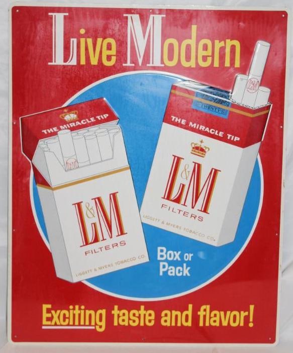 L&M Tobacco Embossed SST Advertising Sign "Live Modern": It is in very good condition with just some slight wear and paper marks. 29.25" x 23.5"