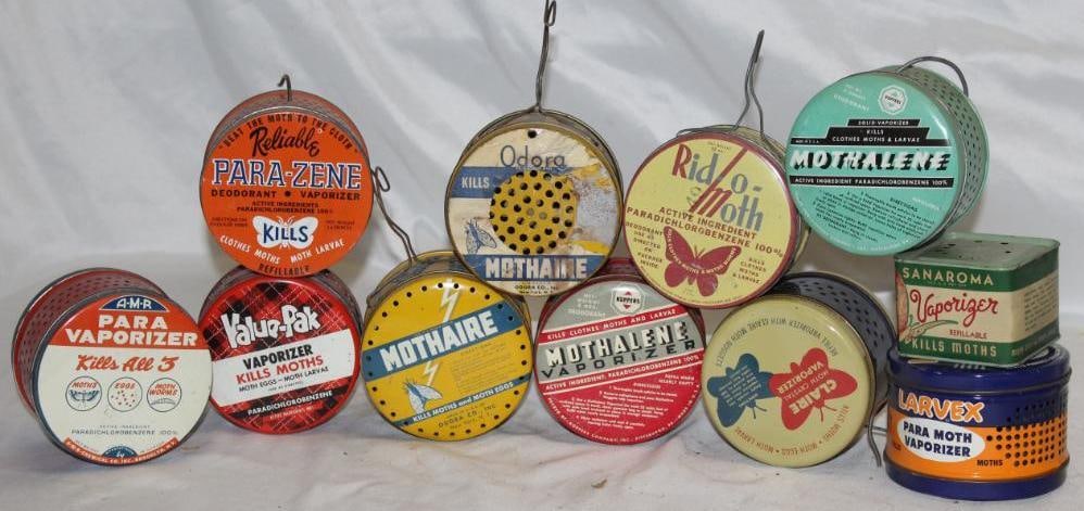Group of 11 Advertising Moth Vaporizer Cans: Claire, Sanaroma, Mothalene, Rid-O-Moth, Larvex, Para-Zene, Mothaire, Value-Pak, Odora, A-M-R. The largest is 1 lb