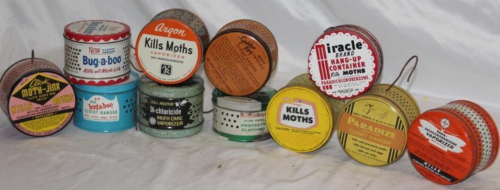 Group of 11 Advertising Moth Vaporizer Cans: Bug-a-Boo, Miracle, Koppers, Excell, Paradize, Argon, Golden Key, Merck, Click; The largest is 1 lb