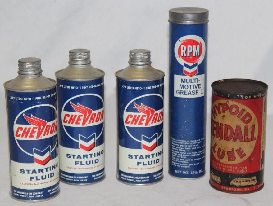 Group of 5 Chevron, RPM and Kendall Oil and Starting Fluid Cans (1 of 2)