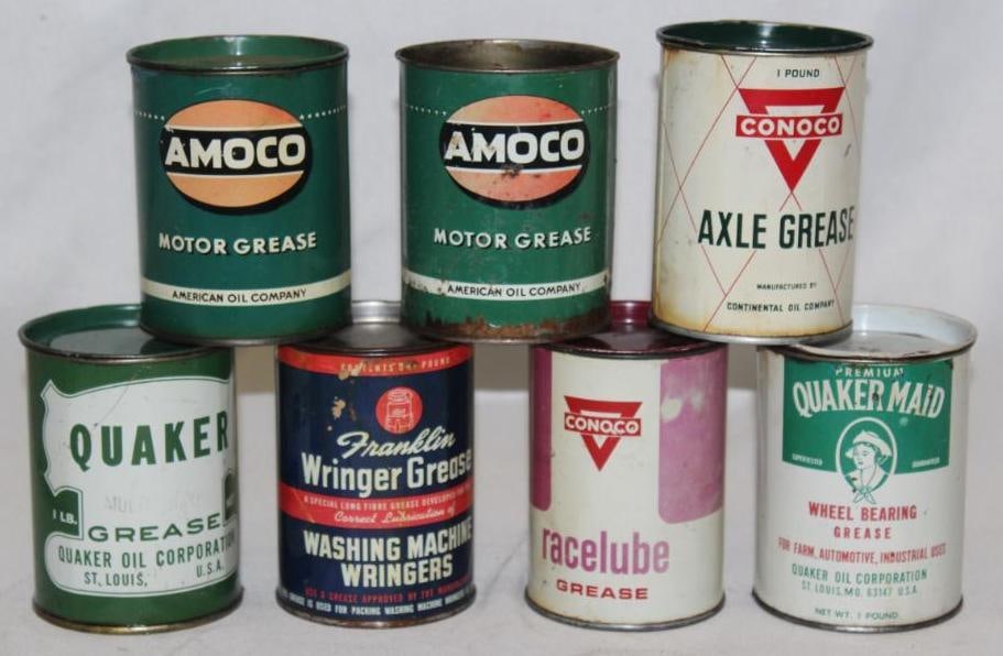 Group of 7 1lb Grease Cans Conoco, Amoco, Quaker Made (1 of 2)