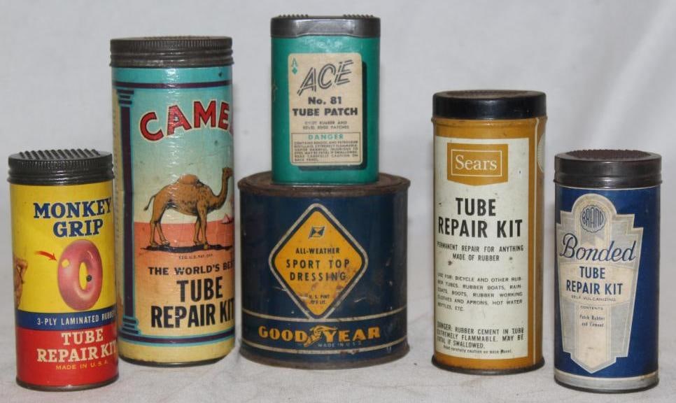 Group of 6 Tire Tube Repair Kits and Cans Goodyear, Sears, Camel, Monkey (1 of 2)