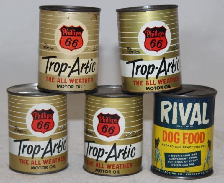Group of 5 Oil Can Banks Phillips 66 and Rival Dog Food (1 of 2)