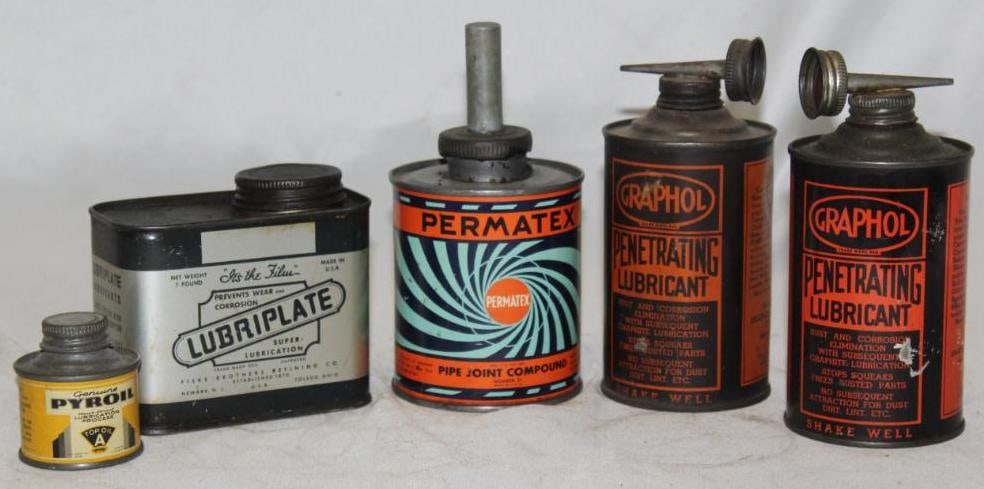 Group of 5 Misc Auto Related Oil and Grease Cans; Lubriplate, Pyroil, Permatex, Graphol (1 of 2)