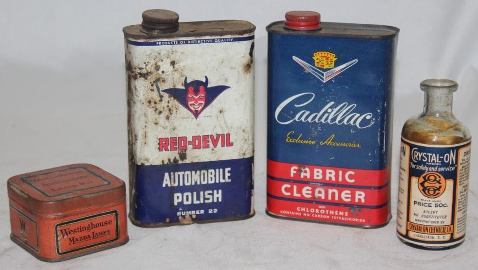 Group of 4 Auto Related Product Cans; Cadillac, Red Devil, Crystal-On, Westinghouse (1 of 2)