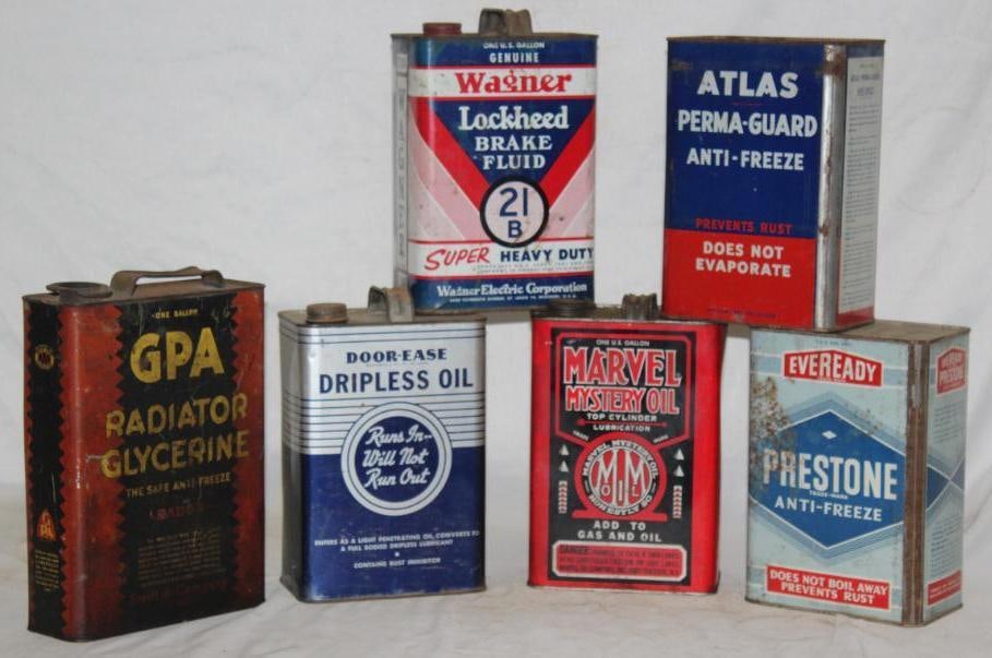 Group of 6 One Gallon Oil & Anti-Freeze Cans; GPA, Atlas, Prestone, Door-Ease, Wagner, Marvel: They are all empty. GPA is missing the cap.