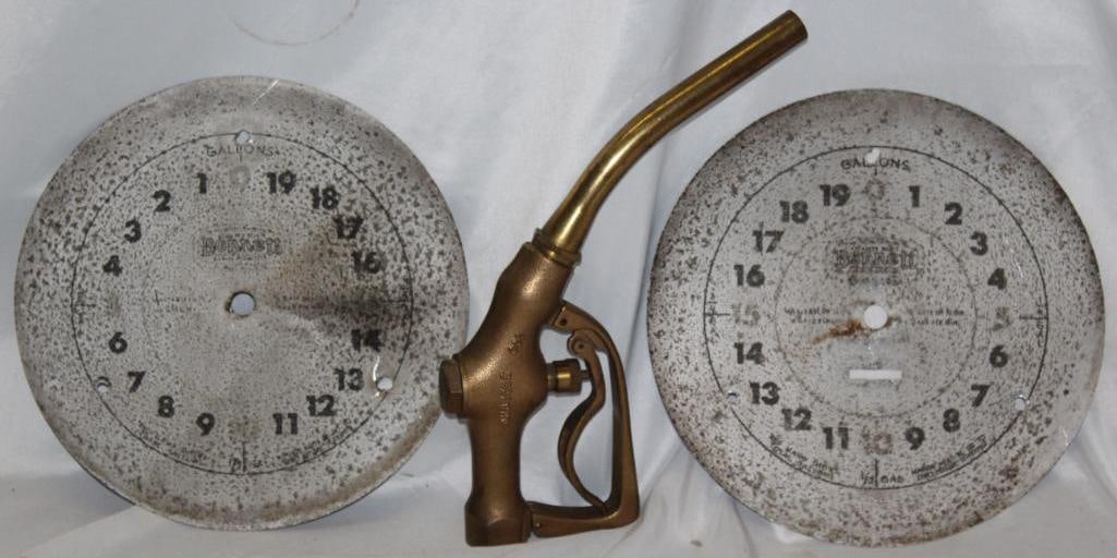 Group of 3 Gas Pump Related 2 Bennett Clock Face Dials and Brass Nozzle (1 of 9)