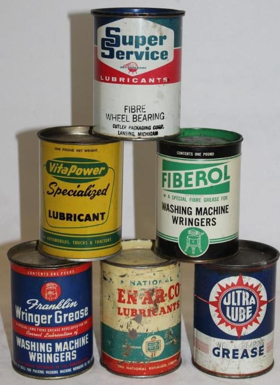Group of 6 One Pound Grease Cans; En-Ar-Co, Franklin, Super Service, Ultra Lube, Vita Power: A few have contents