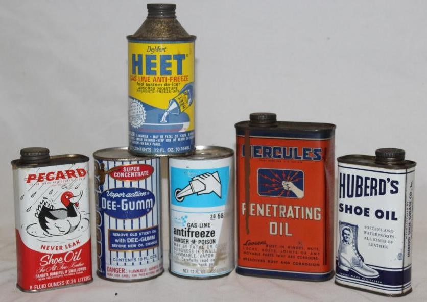 Group of 6 Auto and Advertising Product Cans; Hercules, Dri Powr, Huberd's, Pecard (1 of 2)