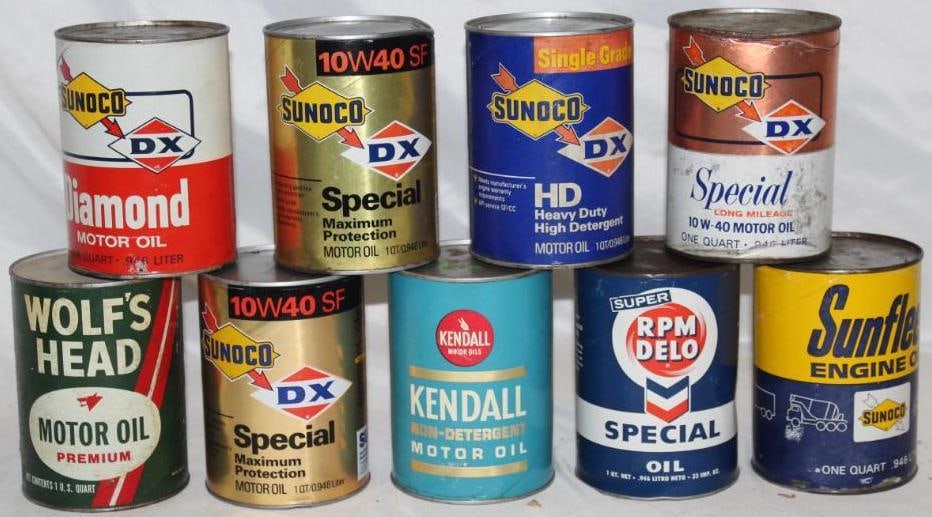 Group of 9 1 Quart Motor Oil Cans Sunoco, DX, Wolf's Head, Kendall, RPM (1 of 2)