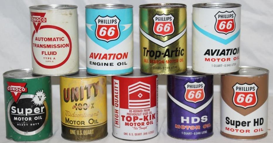 Group of 9 1 Quart Motor Oil Cans Conoco, Phillips 66, Unity (1 of 2)
