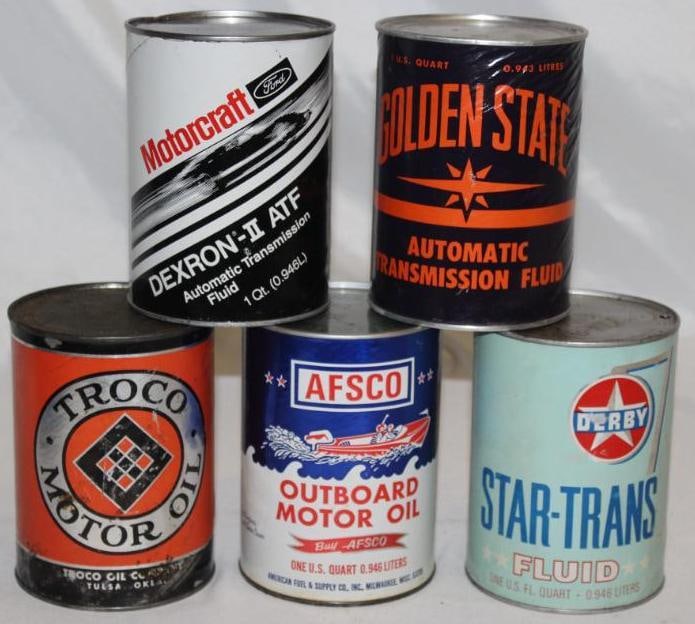 Group of 5 1 Quart Motor Oil Cans Troco, Afsco, Derby, Ford, Golden State (1 of 2)