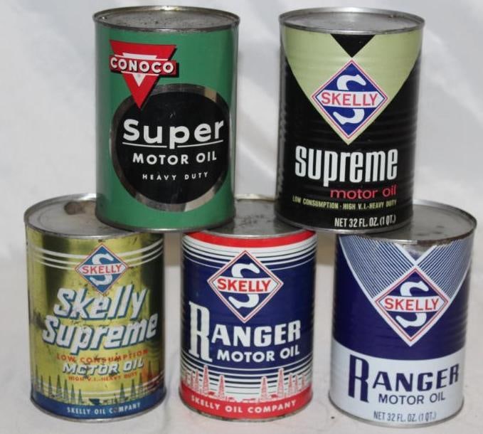 Group of 5 1 Quart Motor Oil Cans Skelly, Conoco (1 of 2)
