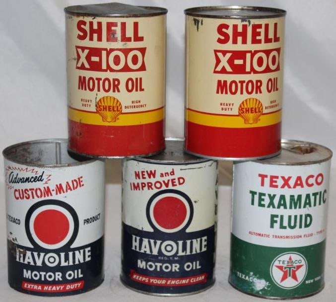 Group of 5 Metal 1 Quart Motor Oil Cans Shell, Texaco, Havoline (1 of 2)