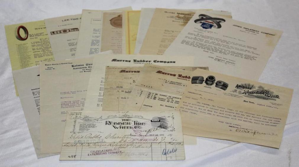 Group of 20 Tire Advertising Letterhead & Papers; American, Murray, Staggard, Globe, Columbia, etc: As early as 1896, 11.5" x 8"