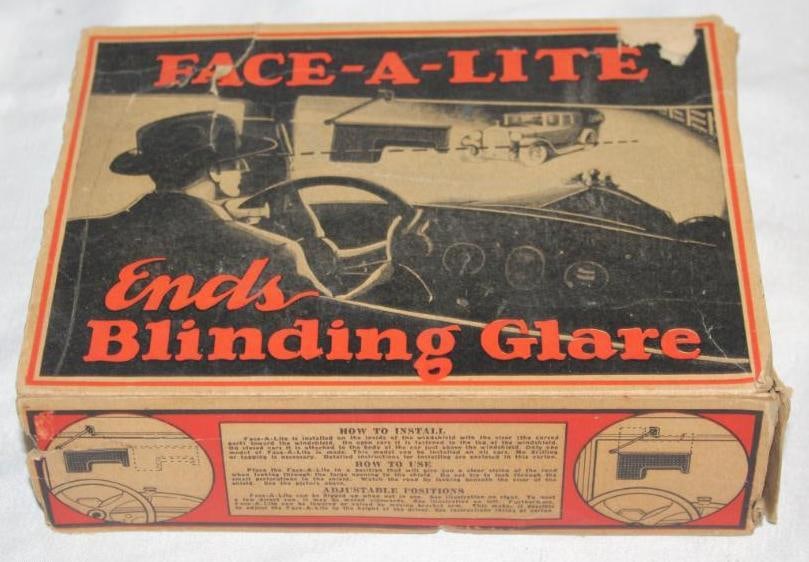 NOS 1926 Automobile Glare Shield Face-a-Lite: Great graphics on the box (the box is missing one end flap). It includes the shield but is missing the mounting hardware. 8" x 6" x 2.25"