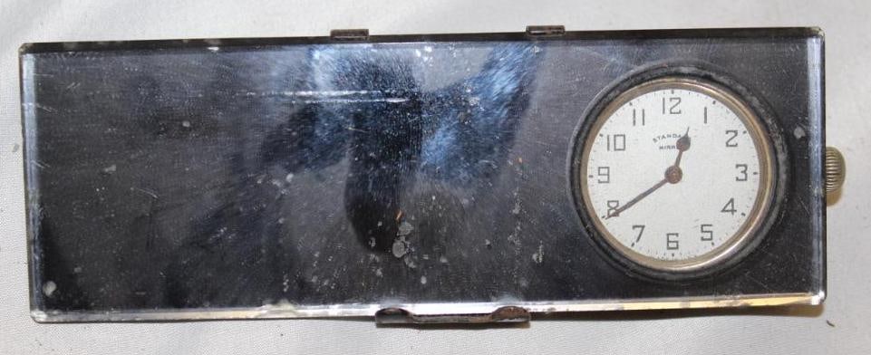1920's-1930's Automobile Accessory Clock and Mirror: 7" x 2.5" x 1"