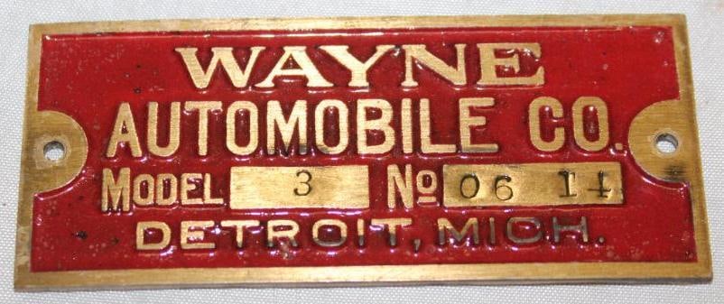 1906 Wayne Automobile Co Brass Serial Data Tag Emblem (1 of 2)