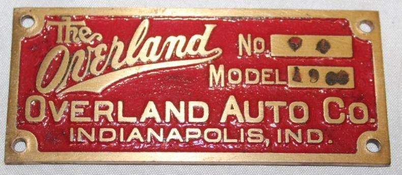 1908 Overland Automobile Co Brass Serial Data Tag Emblem (1 of 2)