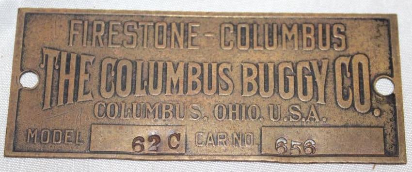 1909-1914 Firestone Columbus Buggy Co Brass Serial Data Tag Emblem (1 of 2)