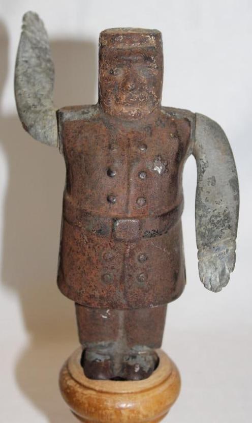 Whirligig Police Man Accessory Radiator Mascot: 9" x 4" x 2.5". It is unrestored.