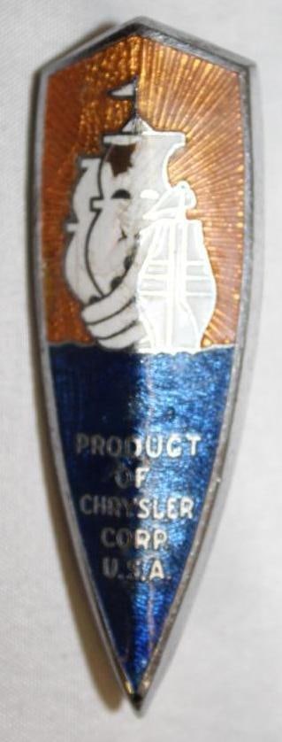 1940 Chrysler Plymouth Radiator Emblem Badge: 1" x 3", Cloisonne
