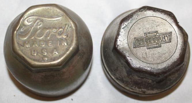 Group of 2 Chevrolet and Ford 1920's Threaded Hubcaps: 2.5" x 2"