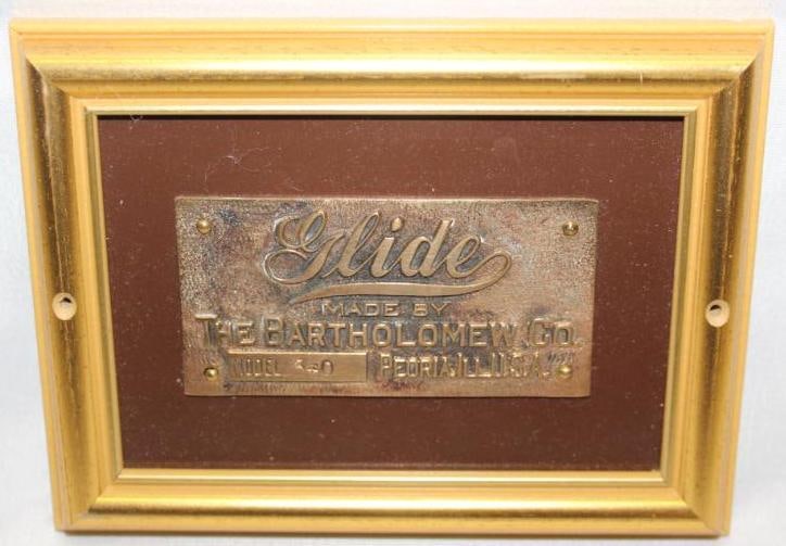 1909-1915 Glide Bartholomew Brass Emblem Badge: 3.5" x 1.75", framed