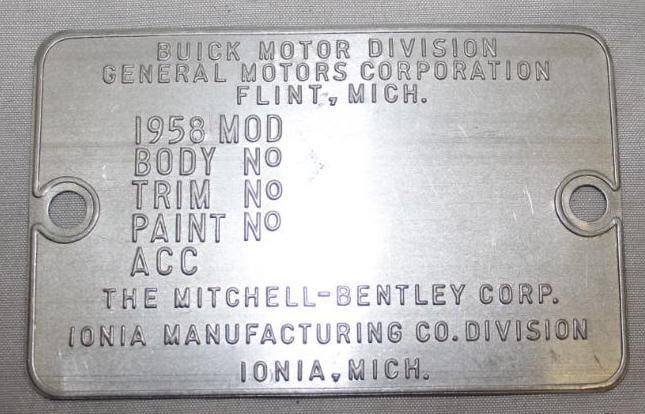 1958 Buick Serial Data Tag Emblem: 4" x 2.5"