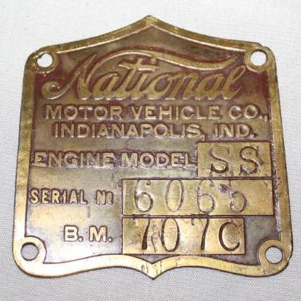 1908-1912 National Motor Vehicle Co Brass Serial Data Tag Emblem (1 of 2)