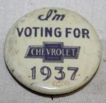 1937 Chevrolet Advertising Pin Badge: celluloid 1.25" diameter