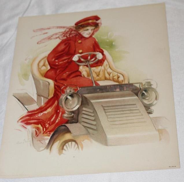 1908 Early Automobile Touring Car With Lady Driver Lithograph Print (1 of 4)