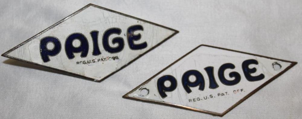 Group of 2 1918-1920 & 1919-1927 Paige Radiator Emblem Badge: 4" x 1.75", Cloisonne, both have touch ups