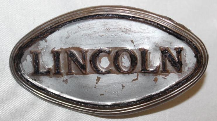 1928-1930 Lincoln Radiator Emblem Badge: 3" x 1.75", Cloisonne, Touched-up