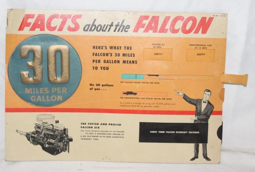 1960 Ford Falcon "Facts About The Falcon" Advertising Countertop Display: 15" x 10.5". It is a heavy cardstock easel back.