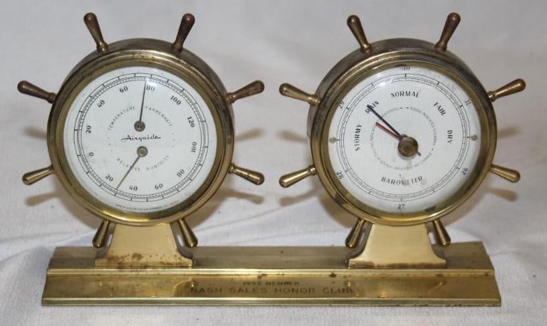 1953 Nash Sales Honor Club Thermometer and Barometer Desk Award: Made by Fee & Stennedel. 9" x 3" x 6"
