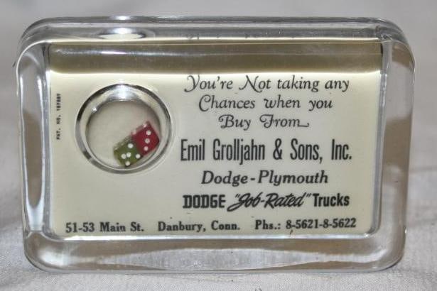 Glass Dodge Plymouth "Job Rated Trucks" Advertising Paperweight: 4.25" x 2.75" x 1"