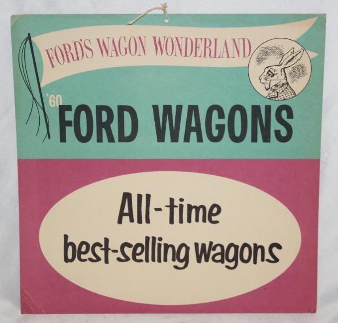 1960 Ford Falcon Wagon "Ford's Wagon Wonderland" Dealership Display Sign "Best Selling": It is 16" x 16". It is double-sided cardstock.