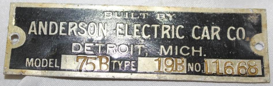 1911-1916 Anderson Electric Car Co Serial Data Tag Emblem: 3.5" x 1"
