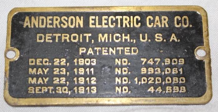 1916 Anderson Electric Car Co Serial Data Tag Emblem (1 of 2)